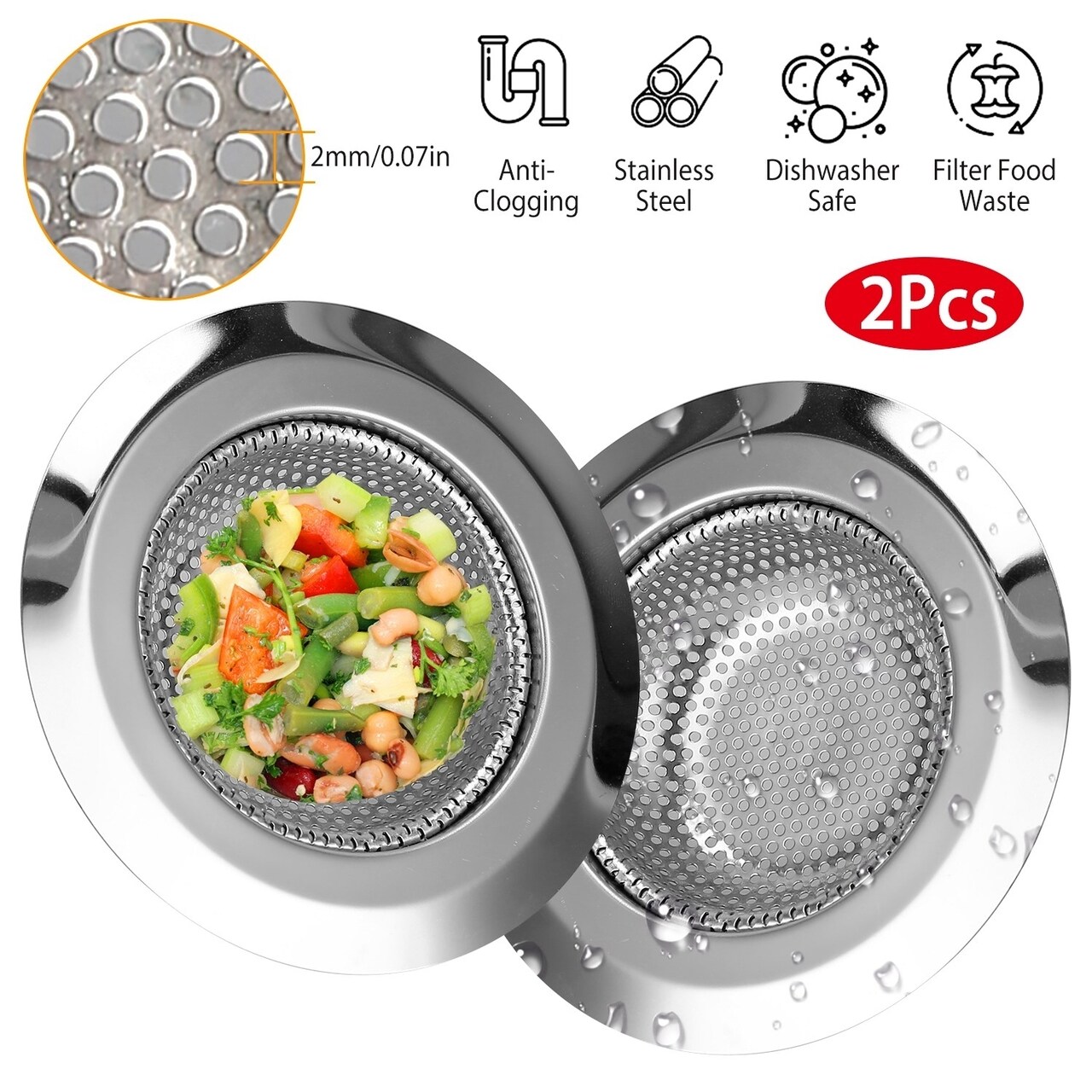 Global Phoenix 2Pcs 4.53in Kitchen Sink Strainer Stainless Steel Mesh Drain Basket Stopper 0.74 Wide Rim Food Catcher Sink Waste Plug